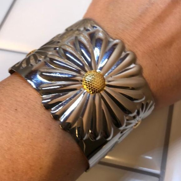 Wide Stainless Steel & Gold-Tone Sunflower Cuff Bracelet - Picture 9 of 9